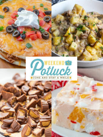 4 photos collage with a photo of each recipe featured -Frozen Fruit Salad, Hamburger Potato Casserole, No-Bake Peanut Butter Cup Pie and Copycat Taco Bell Mexican Pizza.