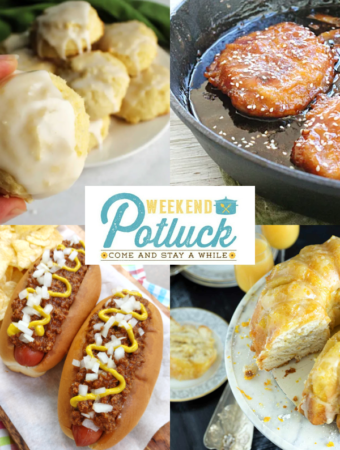 4 photo collage with a photo of each featured recipe -Super Soft Lemon Cookies, Honey Sesame Pork, Mimosa Monkey Bread and The BEST Hot Dog Chili.
