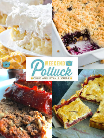 Collage Photo with 4 pictures of this week's features - 5-Ingredient Meatloaf, Easy Blueberry Crisp, Strawberry Slab Pie and Piña Colada Poke Cake.