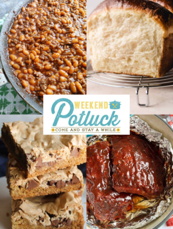Four photo collage with a photo of each featured recipe - Condensed Milk Bread,  Dutch Oven Ribs, Paula's Mud Hen Bars and Cowboy Beans.