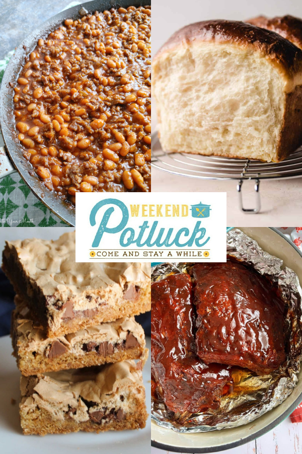 Four photo collage with a photo of each featured recipe - Condensed Milk Bread,  Dutch Oven Ribs, Paula's Mud Hen Bars and Cowboy Beans.