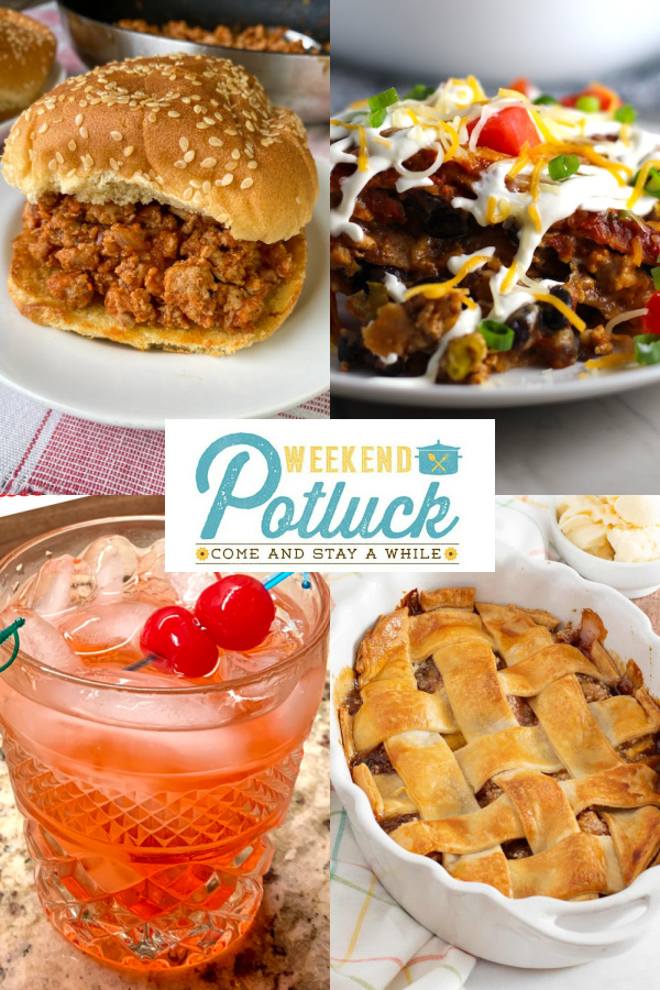 This is a 4 photo collage showing a photo of each featured recipe - Sloppy Jane Sandwiches, Easy Peach Cobbler, Taco Casserole and The Dirty Shirley