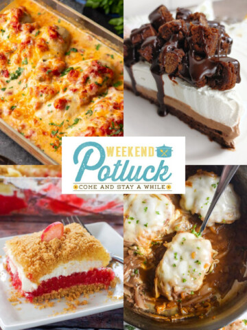 4 photo collage showing a picture of each recipe featured this week -Queso Chicken, Rhubarb Dessert, French Onion Pork Chops and Triple Chocolate Brownie Cream Pie.