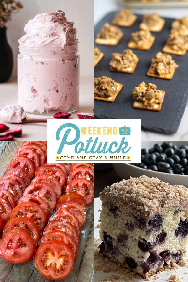 This is a 4 photo collage with a photo of each recipe featured - Strawberry Marshmallow Fluff, Hanky Panky Appetizer, Marinated Tomatoes and Blueberry Buckle Coffee Cake.