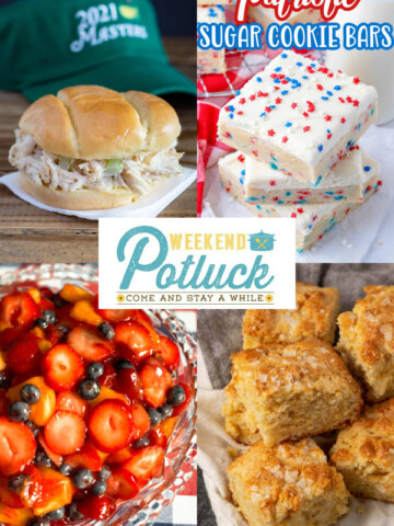 A 4 photo collage with a photo of each recipe featured this week - Copycat Masters Chicken Salad Sandwich, Stain Glass Fruit Salad, Buttermilk Cornbread Biscuits and Patriotic Sugar Cookie Bars.
