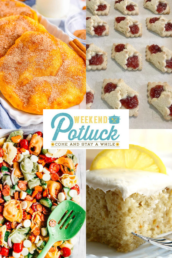 This s a 4 photo collage with a picture of each recipe featured this week - Cake Mix Kolaches, Italian Tortellini Salad, Elephant Ears Recipe and Lemon Crazy Cake.