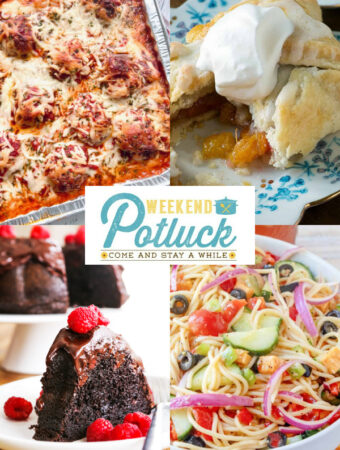 This is a 4 photo collage with a photo of each recipe featured -Baked Ziti with Meatballs, Peach Dumplings, Chocolate Raspberry Bundt Cake and Summer Spaghetti Salad