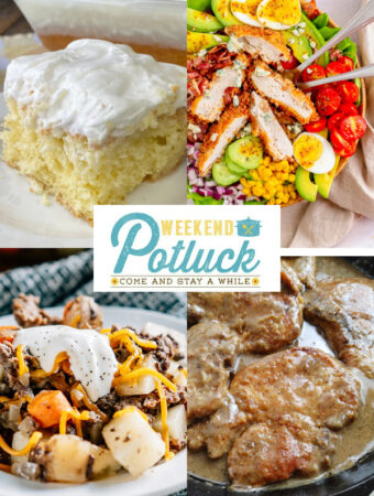 A 4 photo collage with a photo of each recipe feature - Simple Sour Cream Coconut Cake, Ground Beef and Potato Casserole, Chicken Cobb Salad and Smothered Pork Chops.
