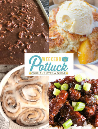 4 photo collage showing a photo of each recipe featured this week - The Perfect Texas Sheet Cake, Viral TikTok Cinnamon Rolls, Mongolian Beef and Country Peach Cobbler.