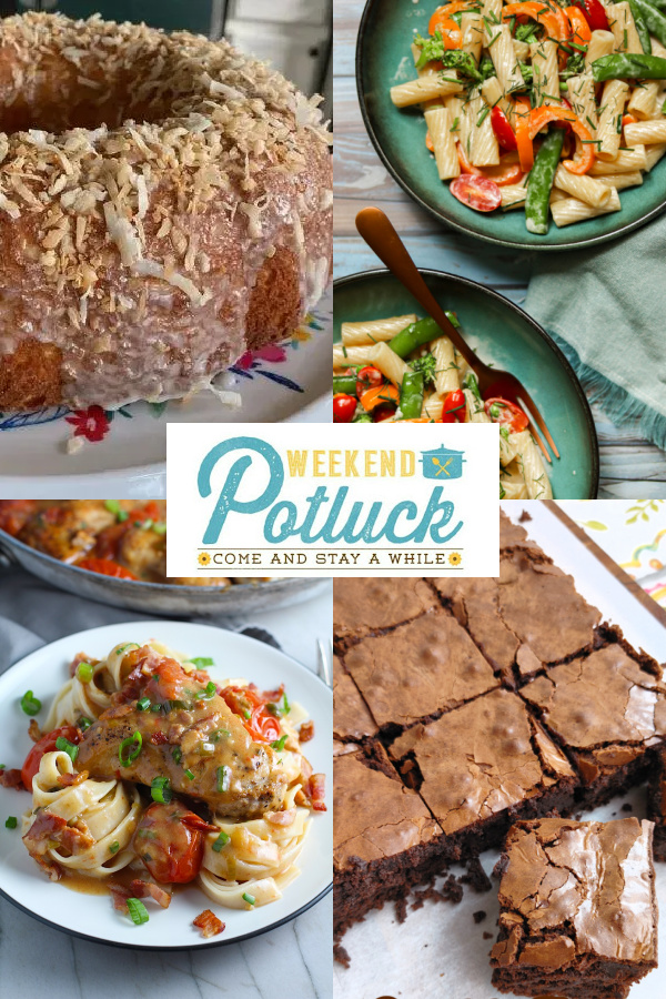 4 photo collage with a picture of each recipe featured this week - Easy Pineapple Coconut Cake, Smothered Chicken with Bacon and Tomatoes, Rigatoni Primavera and Crackle Top Fudge Brownies.