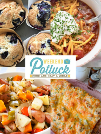 4 photo collage with a photo of each recipe featured this week - Copycat Bob Evan's Sausage Gravy & Biscuit Casserole, Sausage Potato Bake, Campfire Chili and Bakery-Style Blueberry Muffins.