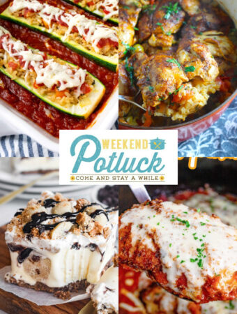 4 picture photo collage showing a picture of each recipe featured -Spanish Chicken and Rice in One Pot, Cookie Dough Ice Cream Dessert, Italian Rice Stuffed Zucchini and Crock Pot Chicken Parmesan. 