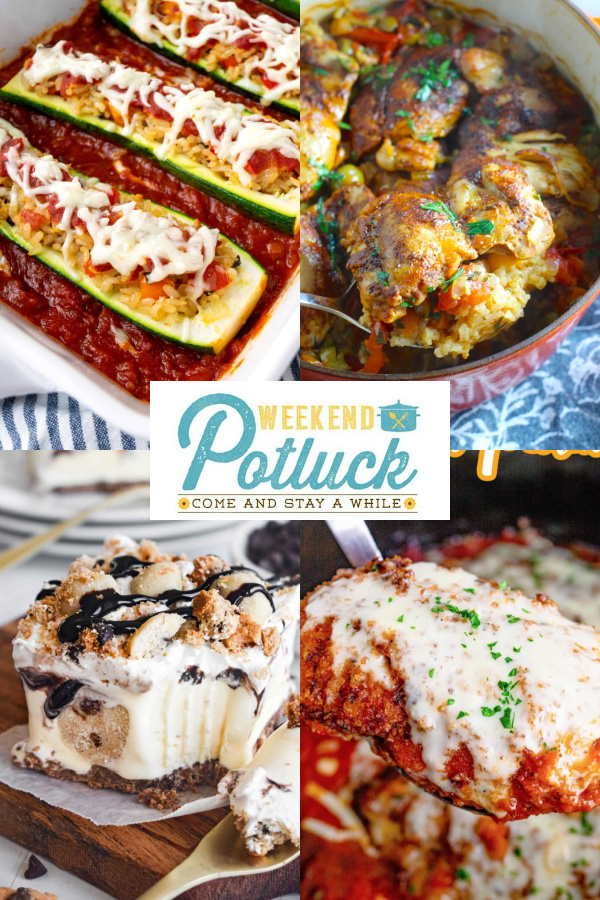 4 picture photo collage showing a picture of each recipe featured - Spanish Chicken and Rice in One Pot, Cookie Dough Ice Cream Dessert, Italian Rice Stuffed Zucchini and Crock Pot Chicken Parmesan. 