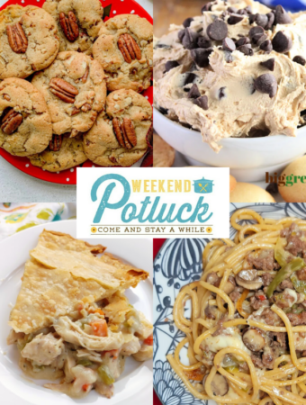 4 photo collage with a picture of each recipe featured -Butter Pecan Cookies, Philly Cheese Pasta, Cookie Butter Fluff Dip and Mama's Chicken Pot Pie.