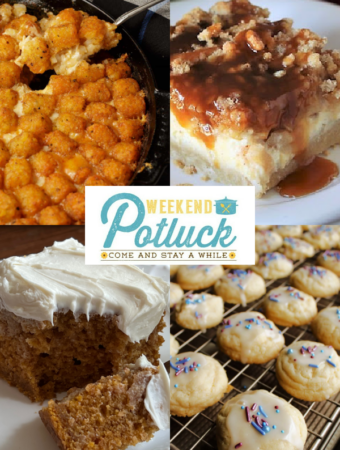This is a 4 photo collage showing a picture of each recipe featured this week -Sweetened Condensed Milk Cookies, Buffalo Chicken Casserole, Caramel Apple Cheesecake Squares and Pumpkin Crazy Cake.