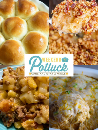 This is a 4 photo collage showing a picture of each recipe featured -Sweet Hawaiian Rolls, White Chicken Enchilada Casserole, 5-Ingredient Ground Beef Casserole and Crock Pot Apple Crisp.