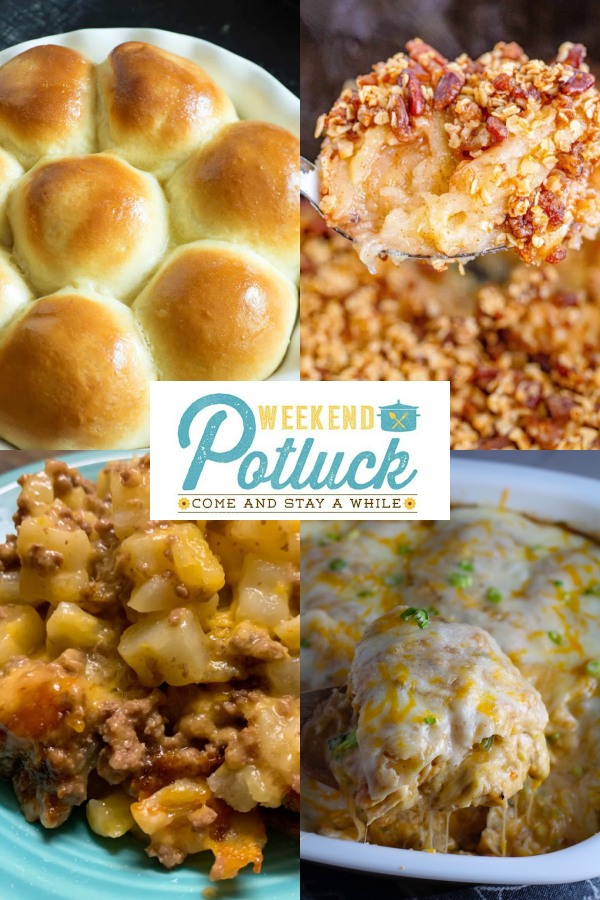 This is a 4 photo collage showing a picture of each recipe featured -Sweet Hawaiian Rolls, White Chicken Enchilada Casserole, 5-Ingredient Ground Beef Casserole and Crock Pot Apple Crisp.