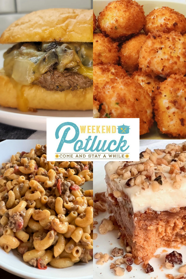 This is a 4 photo collage showing a picture of each recipe featured this week - Cube Steak Sandwiches, Crab Rangoon Bombs, Pumpkin Pie Dump Cake and Queso Mac & Cheese with Taco Beef.
