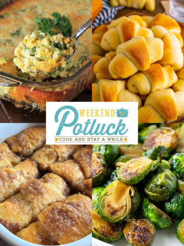 This is a 4 photo collage showing a picture of each recipe featured this week -Broccoli Cornbread Casserole, Homemade Crescent Rolls, Maple Balsamic Brussels Sprouts and Pumpkin Crescent Roll Dumplings.