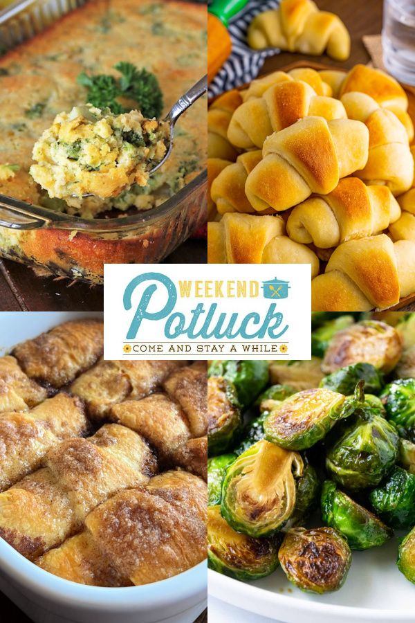 This is a 4 photo collage showing a picture of each recipe featured this week -Broccoli Cornbread Casserole, Homemade Crescent Rolls, Maple Balsamic Brussels Sprouts and Pumpkin Crescent Roll Dumplings.