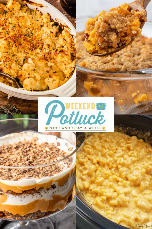 This is a 4 photo collage showing a photo of each recipe featured at this week's party - Cauliflower au Gratin, Thanksgiving Pumpkin Trifle, Sweet Potato Crunch Casserole and No-Boil Crock Pot Macaroni & Cheese. 