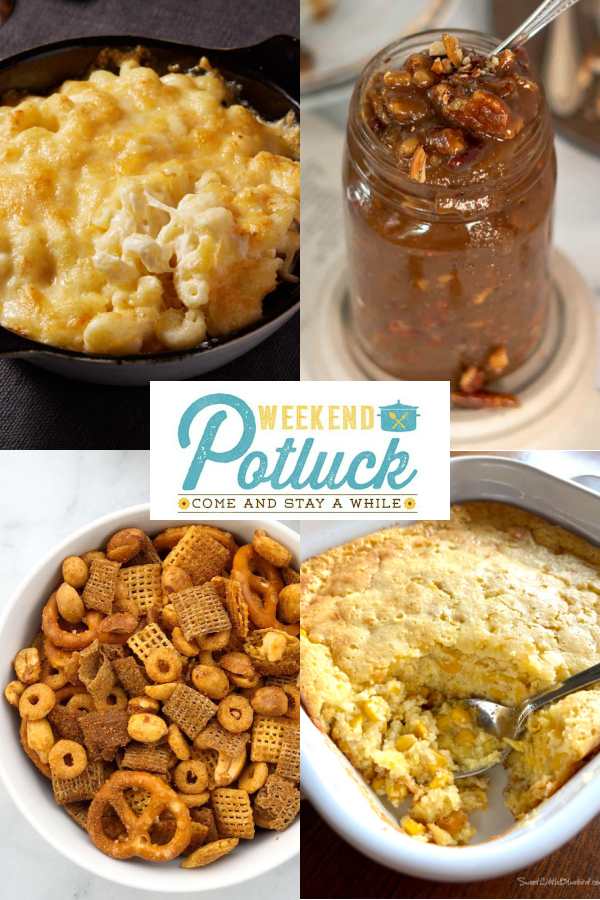 This is a 4 photo collage showing a picture of each recipe featured this week - Old Fashioned Macaroni and Cheese, Pecan Pie Filling, Texas Trash Snack Mix and Easy Corn Casserole.