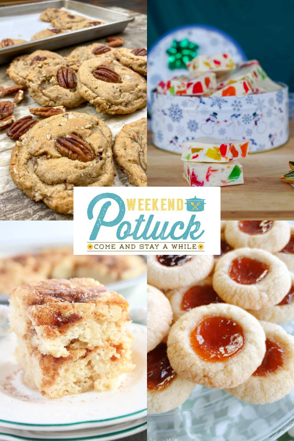 This is a 4 photo collage showing a picture of each featured recipe -Chewy Butter Pecan Cookies, Christmas Nougat, Amish Cinnamon Flop and The Very BEST Thumbprint Cookies.  