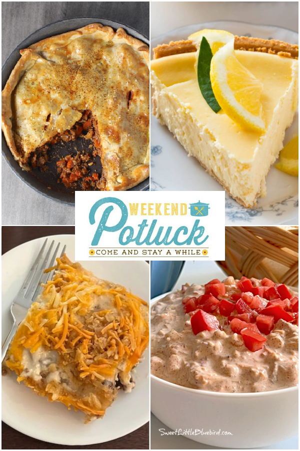 This is a four photo collage showing an image of each recipe featured this week - Easy Hobo Casserole, Easy Lemon Cheesecake, Flaky Empanada Beef Pie and Easy Boat Dip