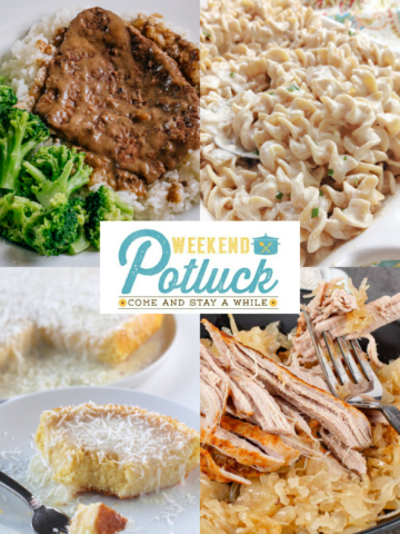This is a photo collage with 4 pictures showing an image of each recipe featured this week - Slow Cooker Cube Steak, Brazilian Coconut Cake, Good Luck New Year's Pork and Sauerkraut and Polish Noodles.
