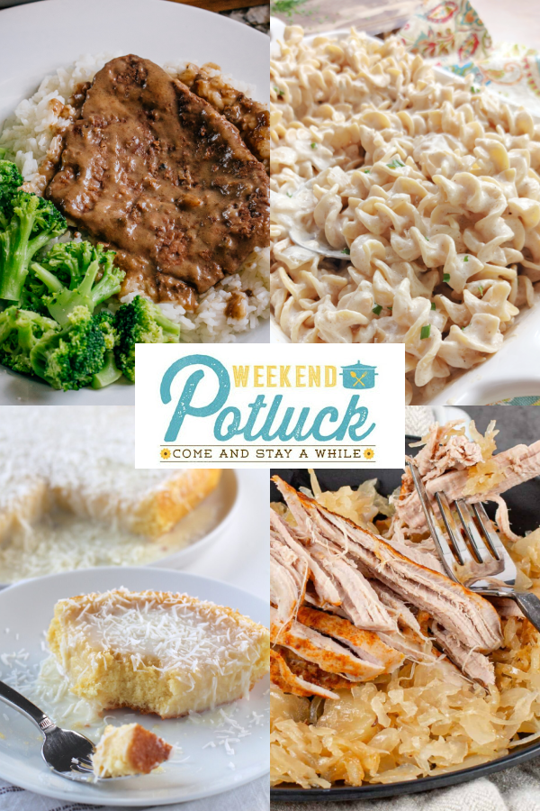 This is a photo collage with 4 pictures showing an image of each recipe featured this week - Slow Cooker Cube Steak, Brazilian Coconut Cake,  Good Luck New Year's Pork and Sauerkraut and Polish Noodles. 