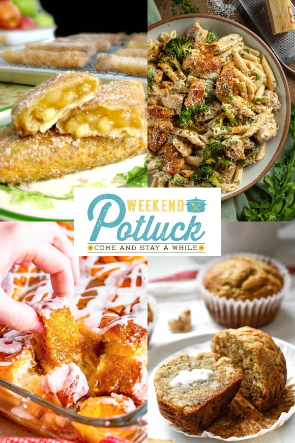 This is a four photo collage showing a picture of each recipe featured this week -Copycat McDonald's Fried Apple Pies, One Banana, One Bowl Banana Muffins, One Pot Cajun Chicken & Broccoli Alfredo, and Cinnamon Pull-Apart Bread. 