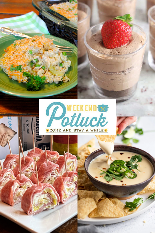 This is a four photo collage showing a picture of each recipe featured this week - Old Fashioned Chicken and Rice Casserole, 5-Ingredient Queso, Creamy No Bake Chocolate Cheesecake Cups and Easy Salami Cream Cheese Roll-Ups.