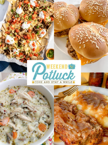 This is a 4 photo collage showing a picture of each recipe featured this week - Meatloaf with Creamy Onion Gravy, Ground Beef Sliders, Beef Nachos Supreme and Chicken and Wild Rice Soup.