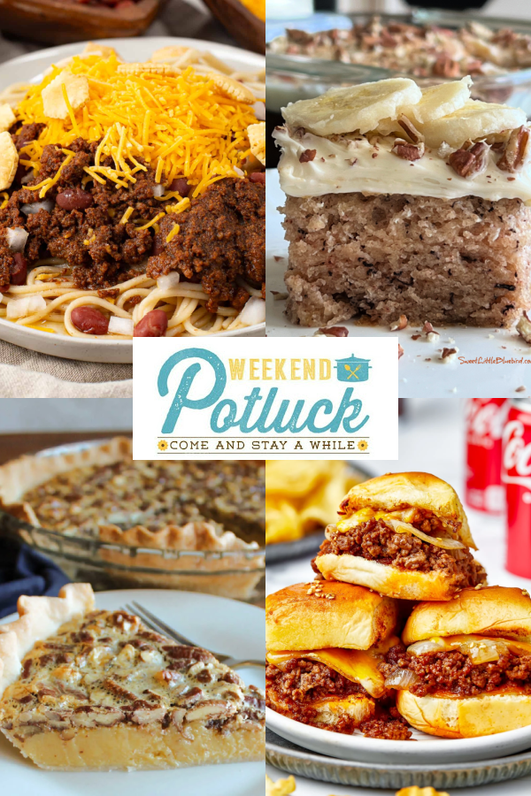 This is a 4 photo collage showing a photo of each recipe featured this week  -Condensed Milk Pecan Pie, Instant Pot Cincinnati Chili, Sloppy Joe Sliders and Banana Bread Crazy Cake.