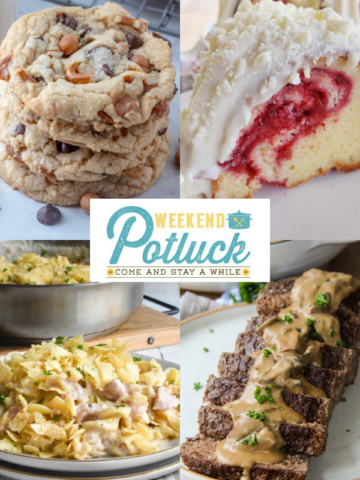 This is a 4 photo collage showing a picture of each recipe featured this week -Kitchen Sink Cookies, Beef Stroganoff Meatloaf, Stove-Top Tuna Noodle Casserole and White Chocolate Cherry Bundt Cake.