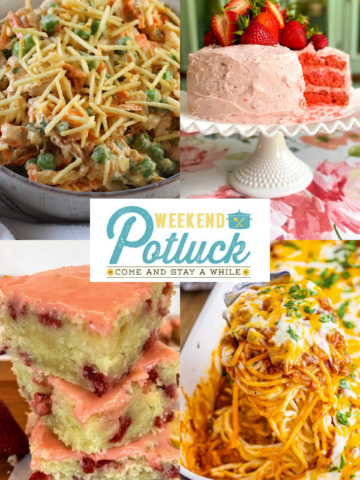 This is a four photo collage showing a picture of each recipe featured this week at Weekend Potluck - Brazilian Chicken Salad, Strawberry Lemon Bars, Fresh Strawberry Cake with Strawberry Buttercream Frosting and Mexican Million Dollar Spaghetti.