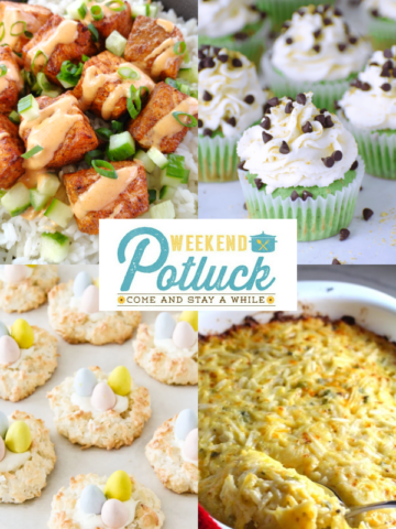 This is a four photo collage showing a picture of each recipe featured at this week's Weekend Potluck party -Cheesy Hash Brown Casserole (without soup), Easter Coconut Macaroons (Bird Nest Cookies), Cannoli Cupcakes and Bang Bang Salmon Bites.