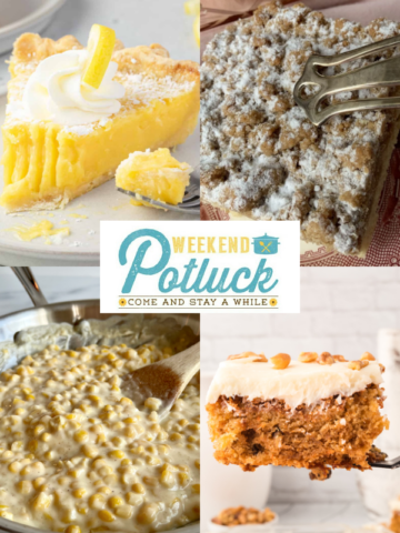 This is a 4 photo collage show a picture of each recipe featured this week - Arizona Sunshine Lemon Pie, Copycat Entenmann's Crumb Coffee Cake, Old Fashioned Carrot Cake with Pineapple and The Best Creamed Corn Recipe.