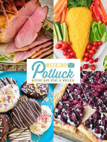This is a 4 photo collage showing a photo of each recipe featured in at this week's party -How to Cook a Whole Bone-In Ham, Homemade Peanut Butter Eggs, Blackberry Cheese Danish and Easter Carrot Cheeseball.