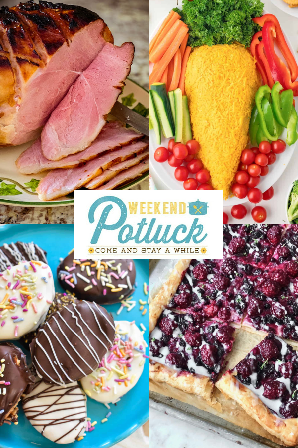 This is a 4 photo collage showing a photo of each recipe featured in at this week's party -How to Cook a Whole Bone-In Ham, Homemade Peanut Butter Eggs, Blackberry Cheese Danish and Easter Carrot Cheeseball.