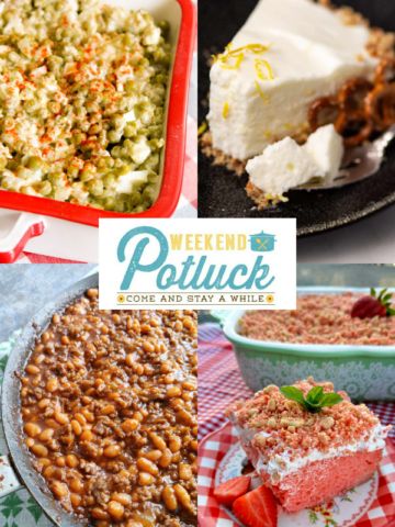 This is a photo collage with 4 pictures showing each recipe featured this week - Old School Pea Salad, Strawberry Scooter Cake, Lemon Chiffon Pie and Cowboy Beans.