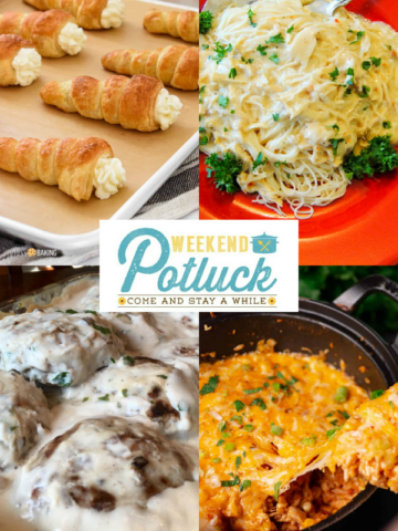 This is a 4 photo collage showing a picture of each recipe featured this week - Homemade Cream Horns, One Pot Southwest Chicken and Rice, Slow Cooker Creamy Italian Chicken and Amish Country Poor Man's Hamburger Steaks.