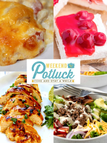 This is a 4 photo collage sharing a pictured of each recipe featured this week -Chicken Tortilla Bake, Key West Chicken Marinade, Bacon Cheeseburger Bowl and Cherry Delight.