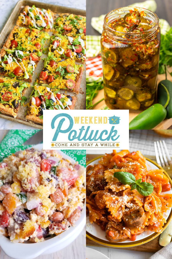 This is a 4 photo collage showing a photo of each recipe featured this week  Sheet Pan Taco Bake, One Pot Sausage and Peppers, Sweet Heat Pickles and Confetti Cornbread Casserole.