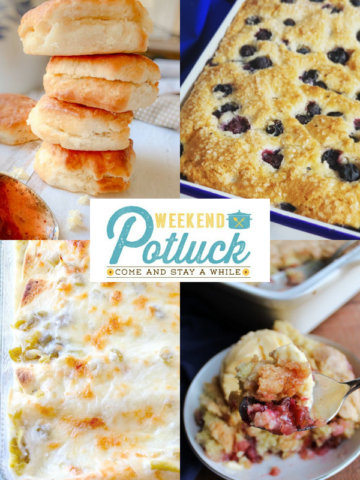 This is a four photo collage showing an image of each recipe featured this week -Very Blueberry Coffee Cake, Rhubarb Cobbler, 3-Ingredient Buttermilk Biscuits and White Chicken Enchiladas.