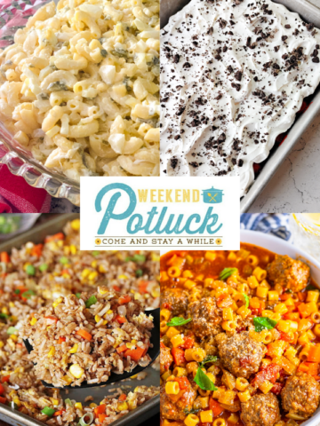 This is a four photo collage showing a picture of each recipe featured this week - Famous Macaroni Salad, Sheet Pan Fried Rice, Easy Italian Meatball Soup and Easy Black Forest Oreo Dessert.