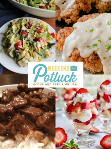 This is a four photo collage showing a picture of each recipe featured this week - Cowboy Salad, Copycat Cracker Barrel Country Fried Steak, Mini Strawberry Shortcakes and Best-Ever Beef Tips & Gravy.