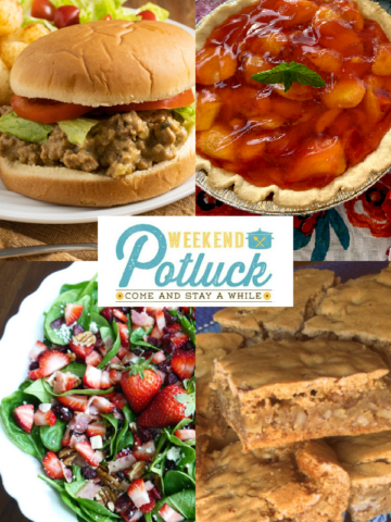 This is a four photo collage showing an image of each recipe featured this week -Southern Pecan Chewies, Crockpot Cheeseburgers, Fresh Peach Pie (No Bake), and Strawberry Spinach Salad.