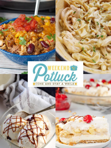 This is a four photo collage showing an image of each recipe featured this week - Easy Crock Pot Cowboy Casserole, 3-Ingredient No-Churn Coconut Ice Cream, Banana Split Pie and Chicken & Noodles.