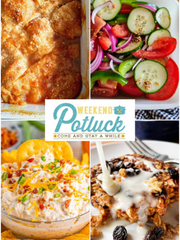 This is a 4 photo collage showing a picture of each recipe featured at this week's party - Peach Dumpling Cobbler, Cinnamon Roll Baked Oatmeal, Fire and Ice Salad and Million Dollar Dip.